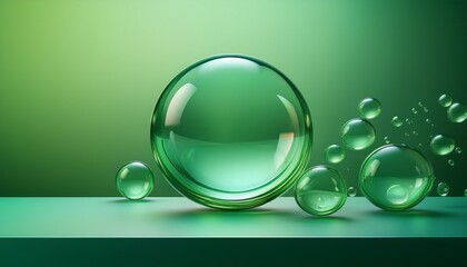 minimalistic background with translucent glass circle and floating green spheres on gradient background