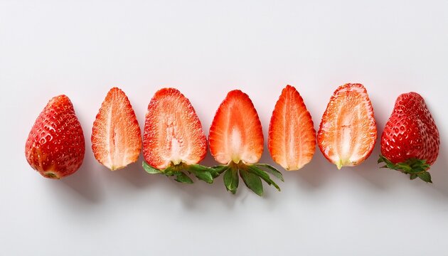 sliced strawberries arranged in a horizontal line against a white background - Powered by Adobe