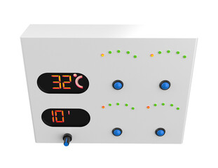 High-Resolution 3D Render: Modern Digital Control Panel Interface isolated on Transparent PNG Background. Smart Industrial HVAC Automation Process Control System, displaying 32&deg;C Temperature and