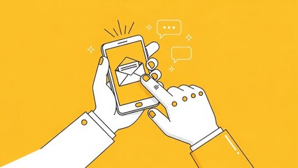Hands holding a smartphone with an email icon and speech bubbles on a yellow background design