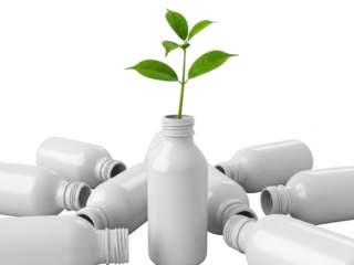 Green sprout growing from a white plastic bottle isolated on transparent background