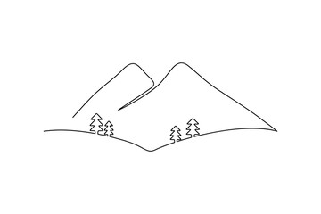 Mountain landscape one line art simple illustration with trees