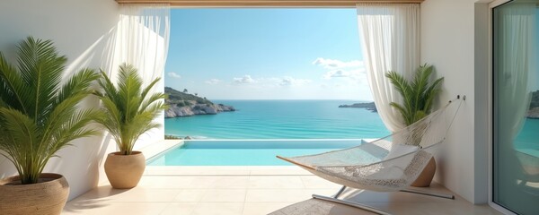 Fototapeta premium Luxury villa terrace with hammock overlooks infinity pool and blue sea. Palm trees frame view of ocean bay and rocky coast. Bright sunny day invites relaxation.