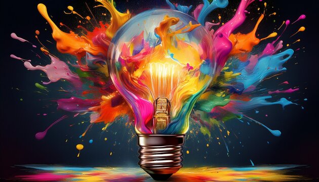 illuminating innovation a vivid light bulb bursts with creative energy surrounded by colorful paint splashes and dynamic abstract forms - Powered by Adobe