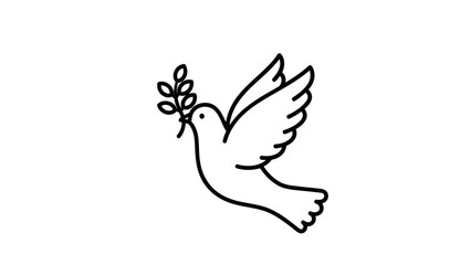 Peace dove flying with olive branch minimal line art icon symbol of hope isolated on white background, Vector