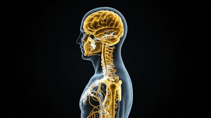A rotating 3D model of the male nervous system, showing the brain, spinal cord, and glowing neural signals - Powered by Adobe