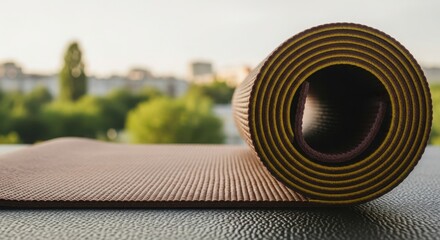 Rolled yoga mat outdoors serene greenery scenery peaceful practice