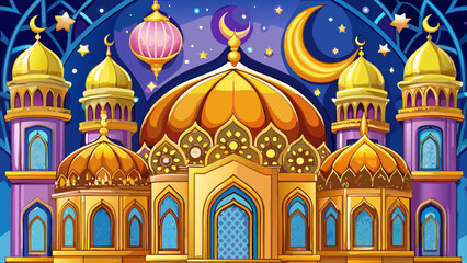 Ornate mosque with golden domes under a starry night sky