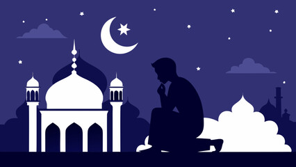 Man praying under crescent moon and stars beside mosque © Adobe
