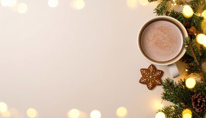 Warm Christmas treat scene with hot chocolate and cookies arranged around a spacious copy area.