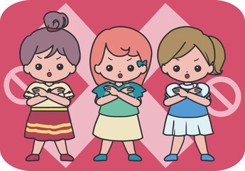 Cute Children Refusing Gesture with Nope Symbol. Perfect for education visuals, safety posters, behavior signs, warning graphics, and communication materials.