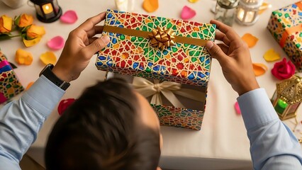 Hands wrapping a colorful gift box with ribbon and decorative paper
