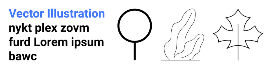 Graphic design, branding, minimal art, nature concept, creative materials, eco . Minimal black line icons of a circle, leaf and organic shape. Great for graphic design and branding projects