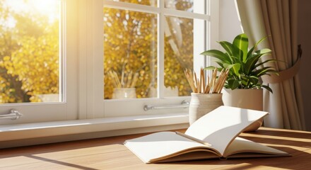 Cozy afternoon reading by sunny window with green plant