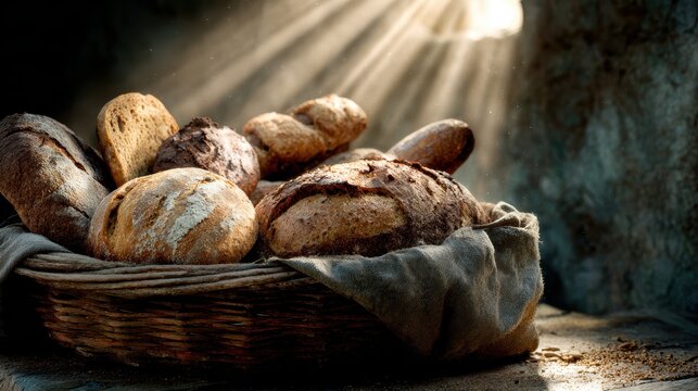 Artisanal Breadbasket: Rustic assortment of freshly baked bread. Golden sunlight streams onto the assortment, evoking warmth and the comfort of homemade goodness. - Powered by Adobe