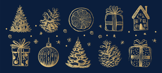 Christmas decorative elements, hand drawn