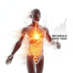 Fast metabolism concept human body silhouette with glowing digestive system and energy flow, symbolizing active metabolic rate and vitality. Medical illustration of digestion, health, and body energy 