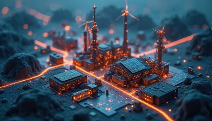 Futuristic city powered by renewable energy sources, advanced tech infrastructure, solar panels, wind turbines, glowing circuits, clean energy future concept.