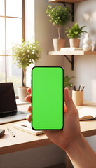 Fototapeta premium Hand holding mobile smartphone with blank green screen chroma key for mockup in cozy home office interior with wooden desk laptop and sunny window background for business app display