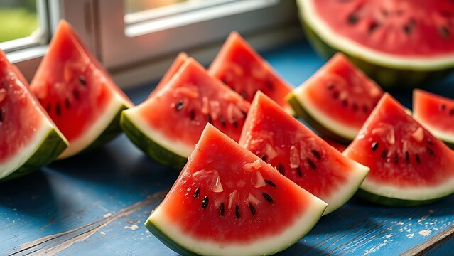 Juicy red watermelon slices arranged on a rustic blue surface, highlighting vibrant summer colors. menu design. - Powered by Adobe
