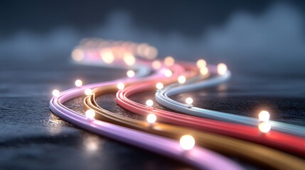 Vibrant glowing optical fiber cables representing data flow and digital connectivity in a dynamic network, featuring cinematic lighting and bokeh effects for a modern technology concept.