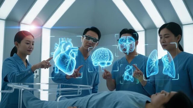 Medical experts work together in a lab using tech to examine human organs and systems on display