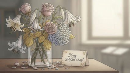 Dried roses in a glass vase with a Mother's Day card on pastel background