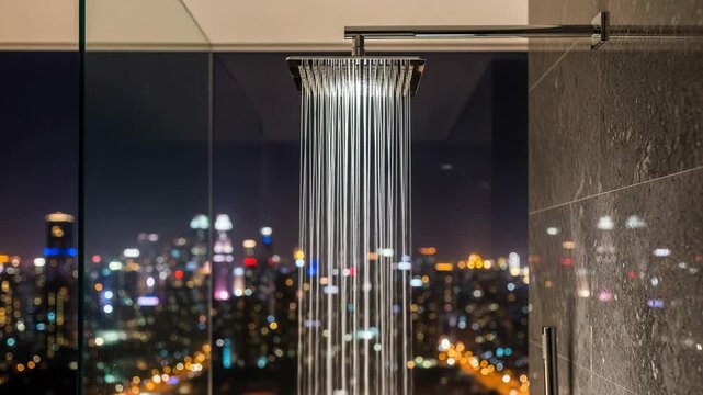 Modern shower with water flowing in a luxurious bathroom overlooking a vibrant city at night