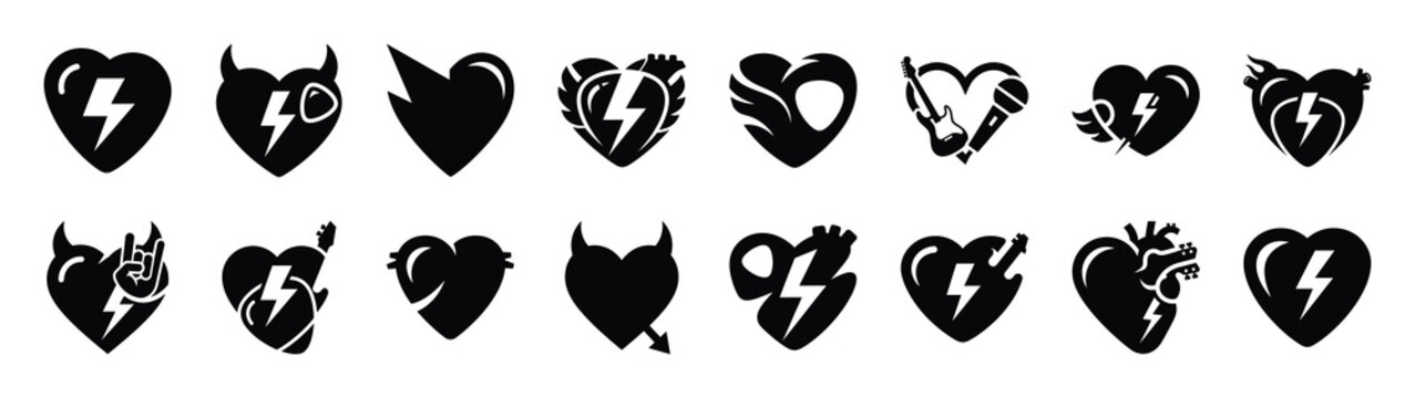 A set of funny  rock n roll Valentines Day silhouette icon. Valentines Day vector isolated on transparent background.