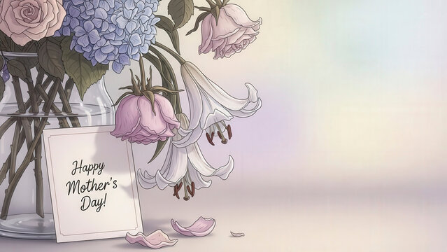 Floral arrangement with Mother's Day greeting card on pastel background - Powered by Adobe