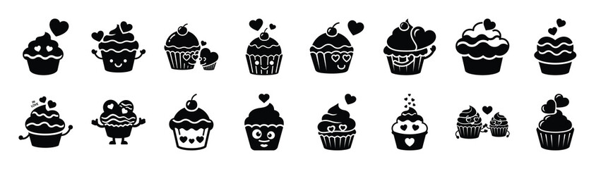A set of funny  funny cupcake in Valentines Day silhouette icon. Valentines Day vector isolated on transparent background.