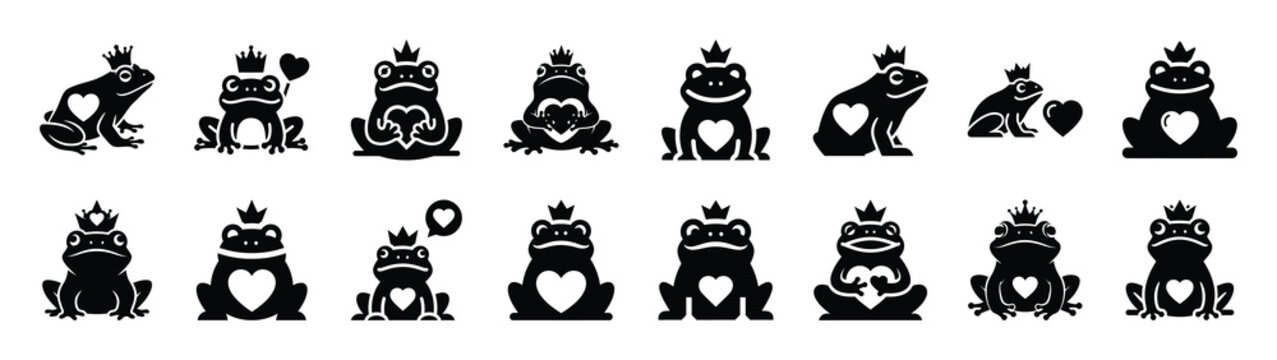 A set of funny  frog prince with Valentines Day silhouette icon. Valentines Day vector isolated on transparent background.