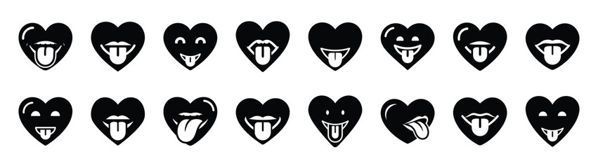 A set of funny  heart emoji tongue Valentines Day silhouette icon. Valentines Day vector isolated on transparent background.