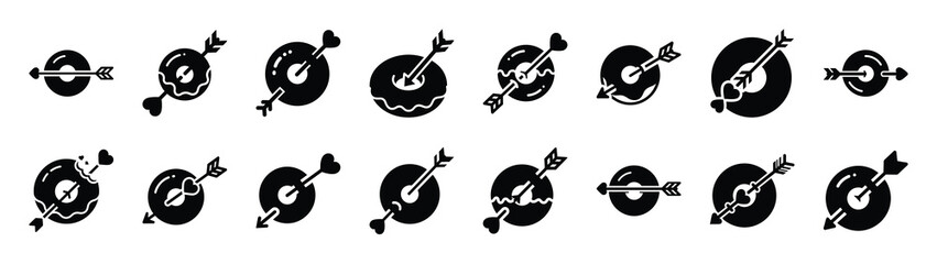 A set of funny  love arrow stuck Valentines Day silhouette icon. Valentines Day vector isolated on transparent background.