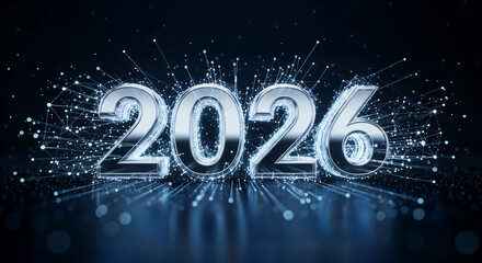 Stunning chrome 2026 numerals emerge from a vibrant digital network symbolizing future technology and connection