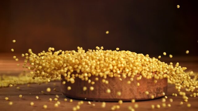 The fall of a wooden bowl with millet groats. Filmed on a high-speed camera at 1000 fps. High quality FullHD footage