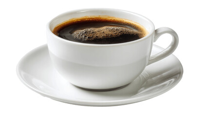Obraz premium A steaming cup of black coffee in a white ceramic mug on a saucer.