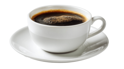 A steaming cup of black coffee in a white ceramic mug on a saucer.