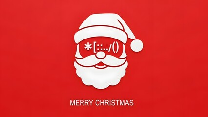 Minimalist ascii art representation of santa claus face with beard and hat on a solid red background with the text merry christmas below