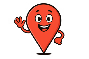 Red map pin character waving, smiling, navigating locations with happy expression for travel and gps technology