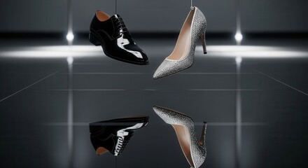 Formal footwear for men and women suspended above a reflective black surface with dramatic lighting