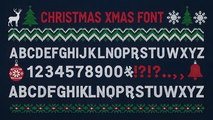 Naklejka premium Ugly christmas sweater font alphabet and number set design with festive holiday pattern border and decorative element