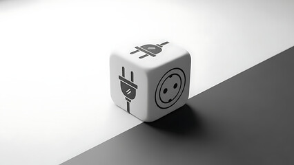 A white cube featuring various electrical plug and socket icons, placed on a diagonally split white and dark grey surface.