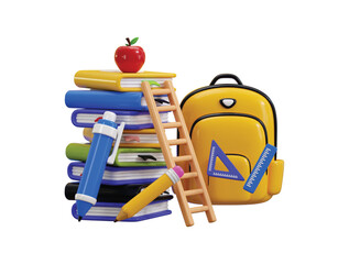 Books with graduation success education icon 3d render concept of school bag with book, pen and pencil and Ladder icon vector illustration