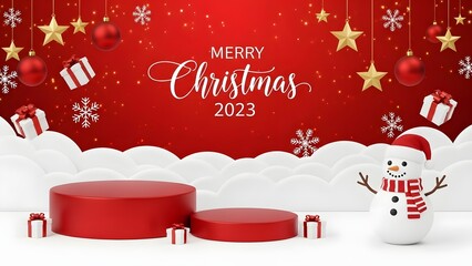 Merry christmas 2023 greeting card with red podium display, festive ornaments, falling snow, and cute snowman character on a vibrant red background