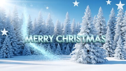 Merry christmas greeting text overlayed on a beautiful winter landscape featuring snowcovered pine tree forest under a bright blue sky with sparkling stars