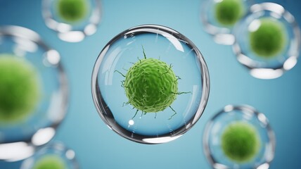 Green virus cell in a bubble 3D render of a microscopic pathogen concept for medical research and healthcare