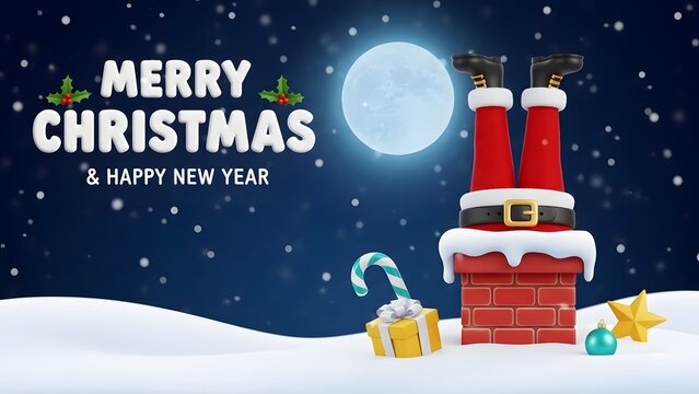 Funny 3d render of santa claus stuck headfirst down a chimney on a snowy night with a full moon and merry christmas text greeting - Powered by Adobe