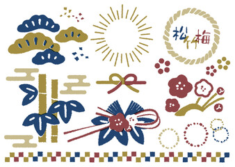 新春を飾る松竹梅　和モダンカラーの版画風イラストセット