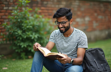 Obraz premium Happy man with glasses reads a book outdoors. He sits on grass near a brick wall with a backpack. Book reading concept for education and study.